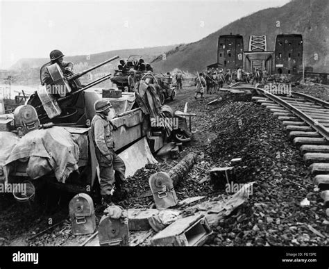 WWII: REMAGEN BRIDGE, 1945. /nAmerican troops and anti-aircraft units ...