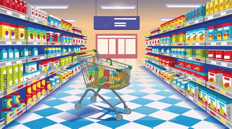 Perspective view of supermarket aisle. Supermarket with colorful shelves of merchandise and ...