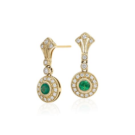 Emerald and Diamond Vintage-Inspired Milgrain Drop Earrings in 14k ...