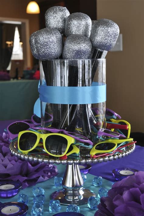 Microphones and sunglass crafts doubled as the centerpiece for a lip sync/kareoke party. | Dance ...