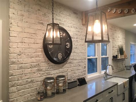 Kitchen Backsplash using whitewashed reclaimed thin brick veneer - Country - Kitchen - Tampa ...