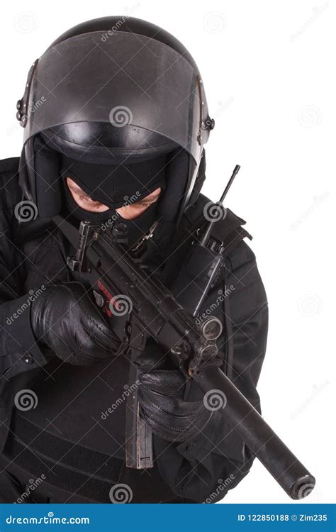 Riot Police Officer with Weapon in Black Uniform Stock Photo - Image of protection, concepts ...