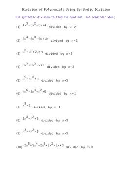 Synthetic Division of Polynomials- Worksheet with Answer Key by Easy Math