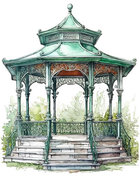 Premium AI Image | A drawing of a gazebo with a green roof and steps generative ai