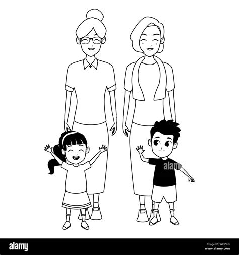 Family grandparents and grandchildren cartoons in black and white Stock ...