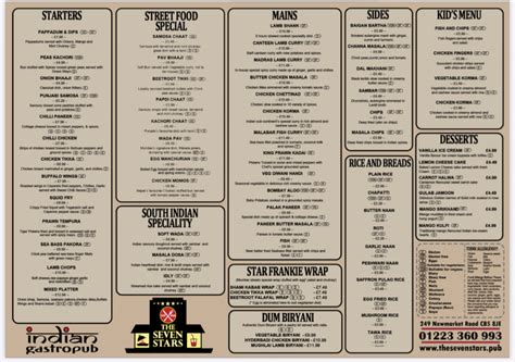 The Seven Stars Cambridge's full menu online