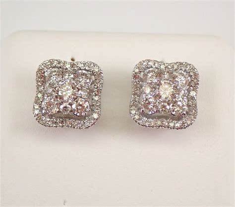 White Gold 1.00 ct Diamond Studs Cluster Cushion Halo Stud Earrings ...