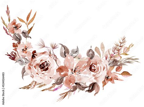 Watercolor boho flowers, brown and pink floral bouquets, Dusty pink ...