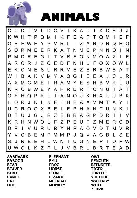 Animal Word Search For Kids - Free Printable Download! | Word puzzles for kids, Kids word search ...