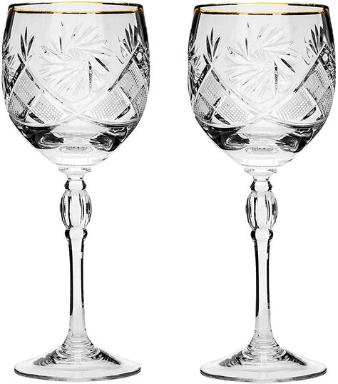 Set of 2 Hand Made Vintage Crystal Classic Wine Goblets with 24K Gold Rim on a Stem 7.5"H, Old ...