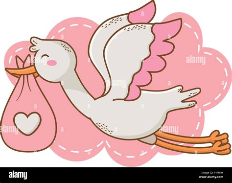 cute baby shower stork holding baby bag cartoon vector illustration ...