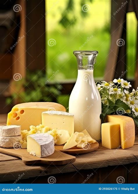 Table with Board of Different Types of Cheeses and Milk on Farmhouse ...