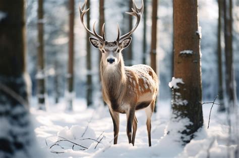 Premium AI Image | a deer standing in the snow in a forest