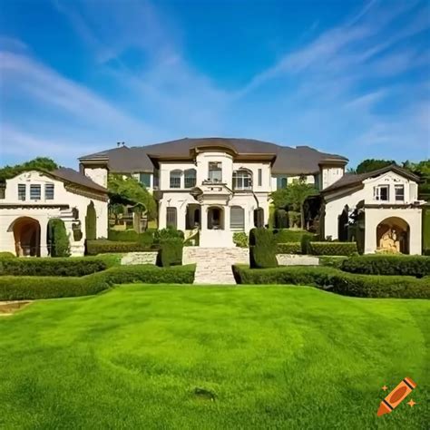 Glamorous california mega-mansion in an upscale suburban neighborhood with green yard on a sunny ...