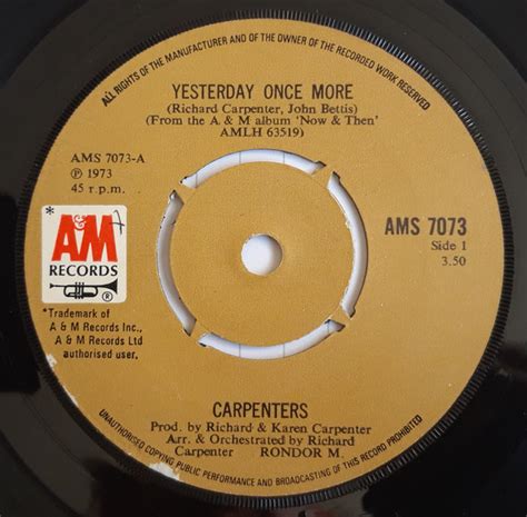 Carpenters – Yesterday Once More – Vinyl (Knockout Centre, 7", 45 RPM, Single), 1973 [r477229 ...