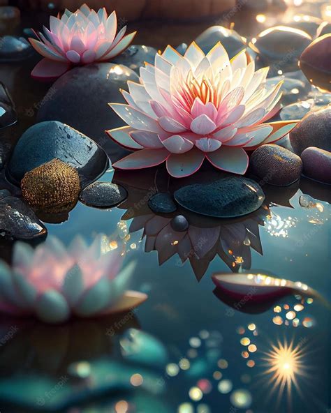 Premium Photo | A painting of lotus flowers in a pond with stones and ...