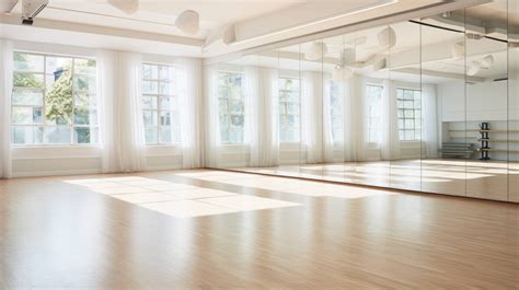 Modern dance studio, floor-to-ceiling mirrors reflecting the spacious ...