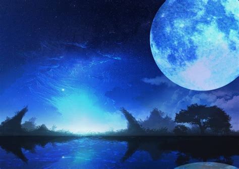 Nobody, Moon, Sky, Stars, Night, Trees, Monochrome, Blue, Water ...