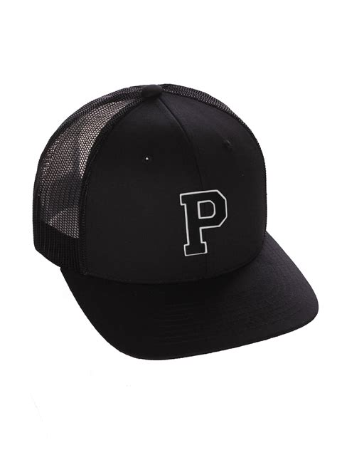 Structured Trucker Mesh Hat Custom Colors Letter P Initial Baseball Mid Profile (Black Black ...