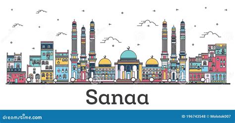 Outline Sanaa Yemen City Skyline with Color Buildings Isolated on White Stock Vector ...