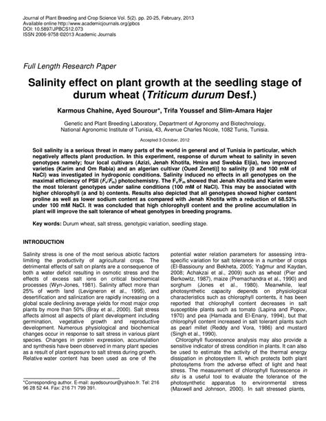 (PDF) Salinity effect on plant growth at the seedling stage of durum ...