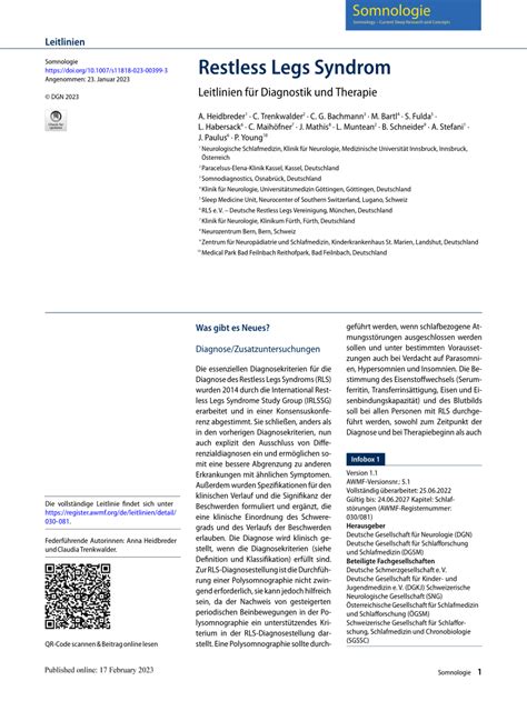 (PDF) Somnologie Somnology -Current Sleep Research and Concepts Restless Legs Syndrom