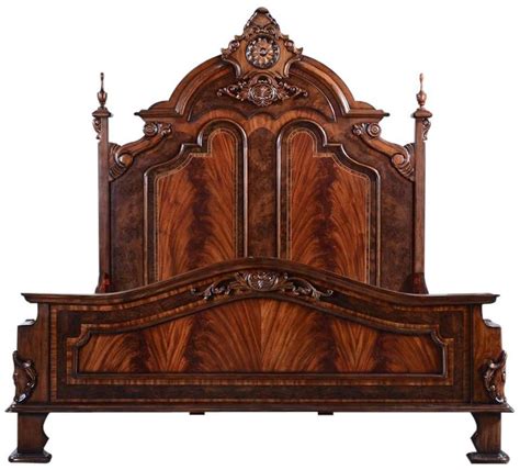 New King Bed, Victorian Style Carved Double Arch, Flame Mahogany, Burl Inlay | Victorian style ...