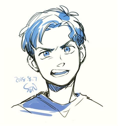 a drawing of a man with blue hair