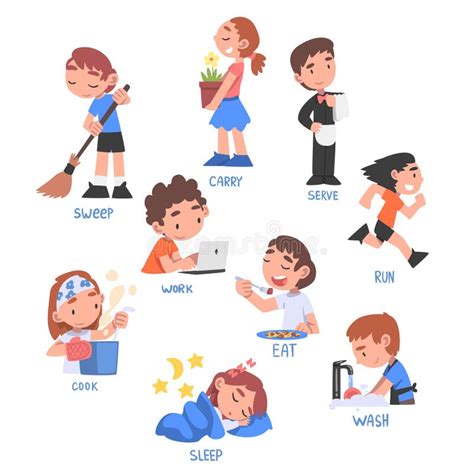 Action Verbs Set, Children Education Concept, Cute Kids Doing Activities Cartoon Style Vector ...