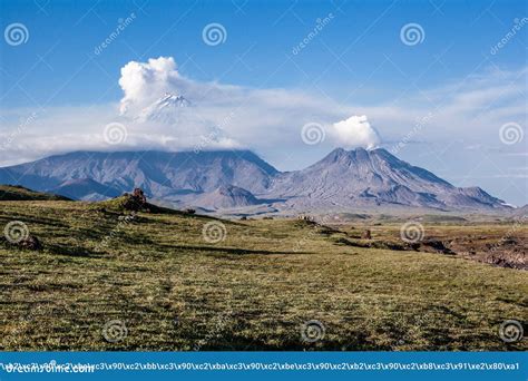 The Eruption of Volcanoes Klyuchevskaya Sopka and Nameless Stock Photo ...