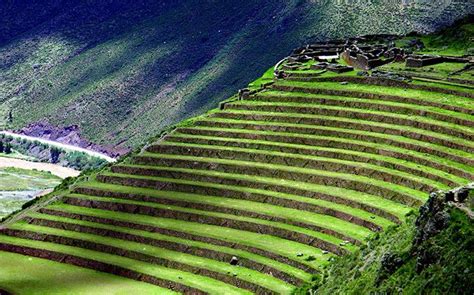 Inca Terraces in Pisac, Peru. The terraces were built to make the most efficient use of shallow ...