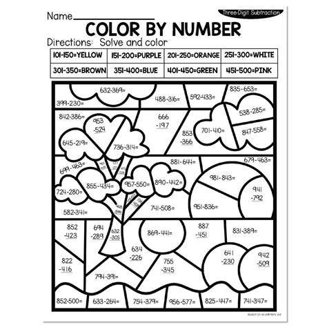 3-Digit Subtraction Summer Color by Number - Tree & Sunset - Worksheets Library