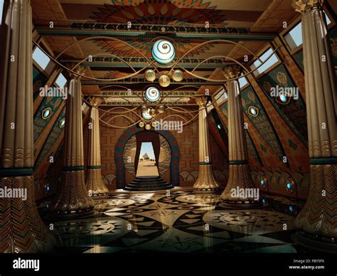 3d computer graphics of a temple interior in fantasy style with pillars and hieroglyphics on the ...