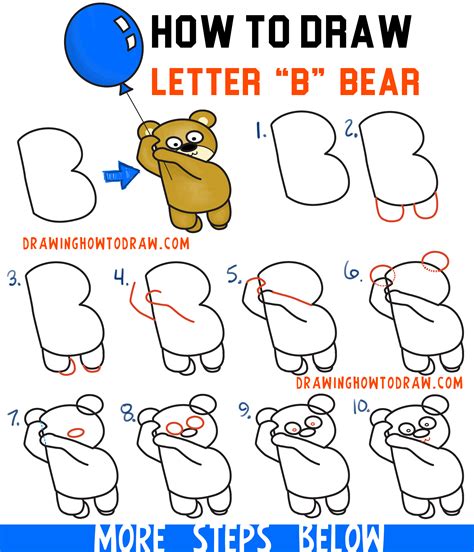 How to Draw a Cartoon Bear Holding a Balloon Floating Up Easy from Letter B Easy Step by Step ...