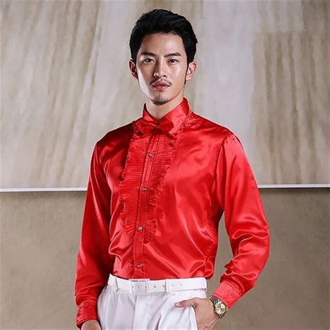 Red Men Shirt Fold Slim Fit Long Sleeve Men's Social Shirts Night Club Casual Party Tuxedo ...