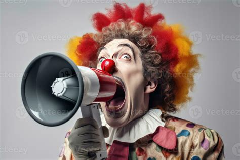 Happy clown screaming into loudspeaker making wide steps isolated on white background ...