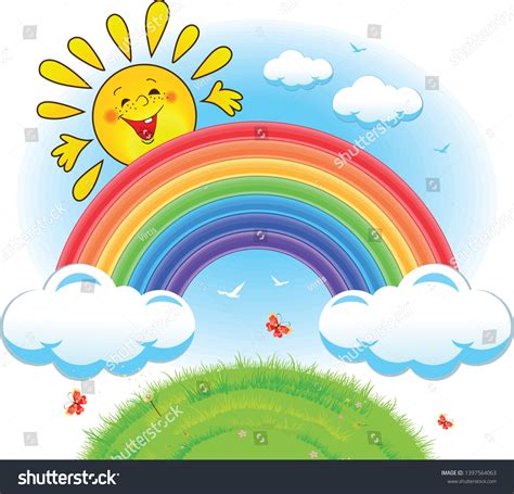 Cartoon Rainbow Clouds Sun: vector de stock (libre de regalías ...