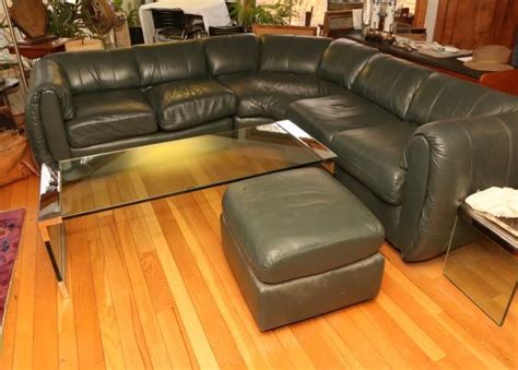 Leather mans guild green leather three piece sectional sofa with a matching ottoman. Measuring ...