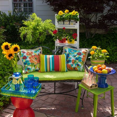 Bright-colored lime green patio cushions and stools are lively additions to your outdoor ...