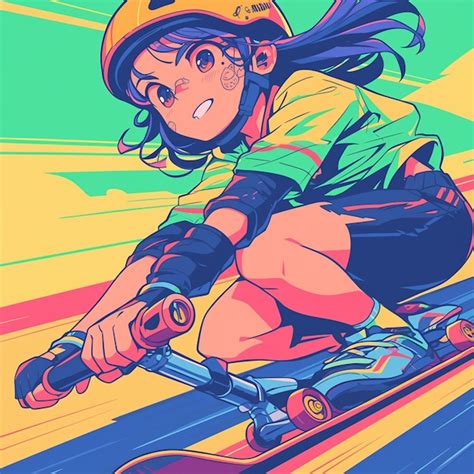 Premium Vector | A Anchorage girl goes skate cross racing in cartoon style