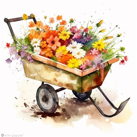 Premium AI Image | A painting of a wheelbarrow with flowers