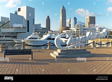 View from the Northcoast Harbour on Lake Erie of downtown Cleveland, Ohio, USA shows the dynamic ...