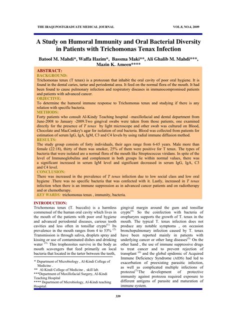 (PDF) A Study on Humoral Immunity and Oral Bacterial Diversity in Patients with Trichomonas ...