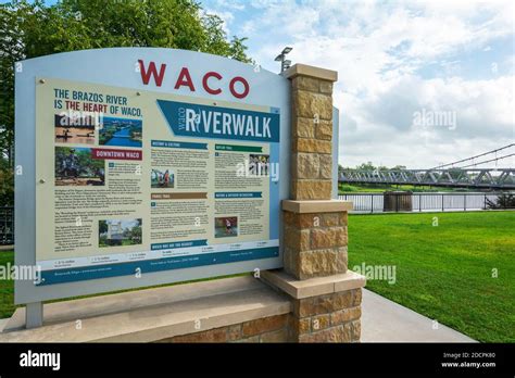 Texas, Waco, Riverwalk, along the Brazos River, information sign Stock ...