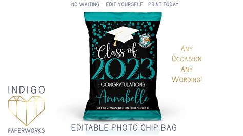 Printable 2023 Graduation Chip Bag, Aqua Teal and Black Modern Grad Party Favor Bag, Trunk Party ...