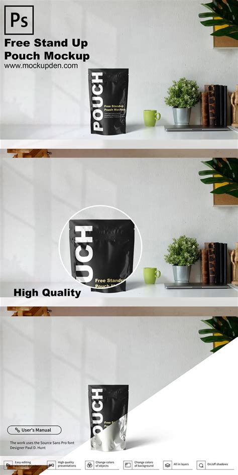 Free Stand Up Pouch Packaging Mockup PSD Template - Mockup Den