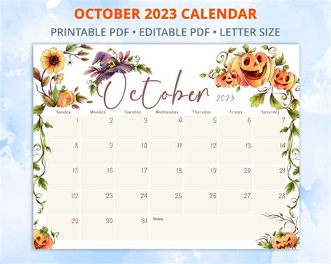 October Calendar 2023 Editable Calendar With Halloween - Etsy