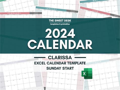 Calendar Printable 2024, Excel Calendar Template, Editable Monthly ...