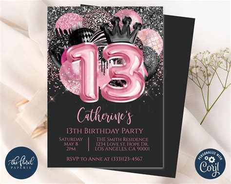 13th Birthday Invitation Template Editable Black and Pink - Etsy