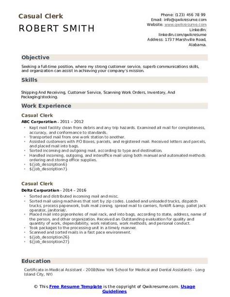 Casual Clerk Resume Samples | QwikResume